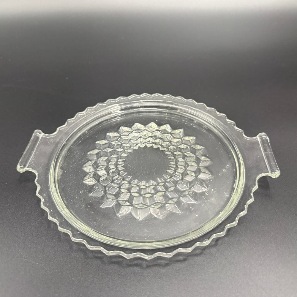 vintage Jeannette 8" round depression glass Handled Tray plate Cube Clear table